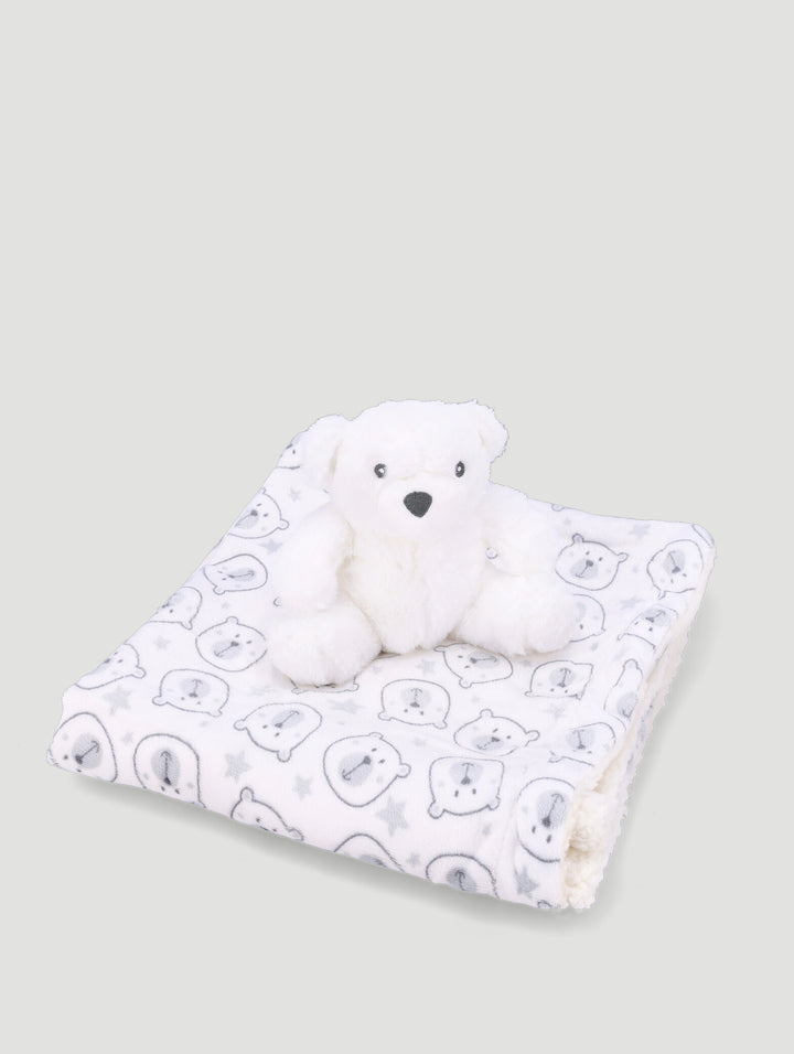 Baby Mink Sherpa Blanket And Toy Bear Combo - White/Grey