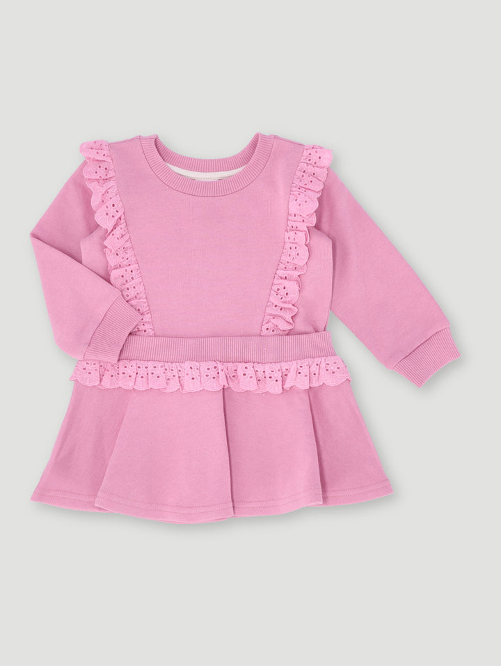 Baby Girls Fleece Lace Dress - Dusty Pink