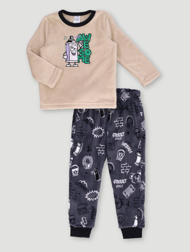 Pre - Boys Coral Fleece Graffiti Spray Can Sleep Set - Nude
