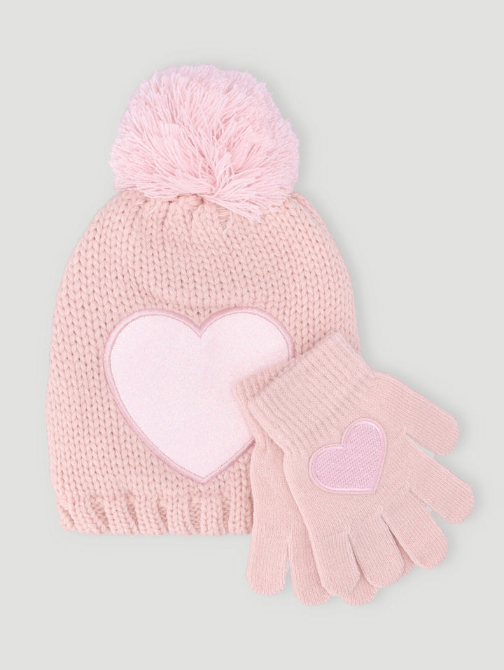 Pre-Girls Heart Beanie & Glove Set - Pink