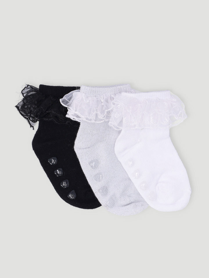 Baby Girls 3 Pack Ruffled Socks - Black/White/Shimmer Grey