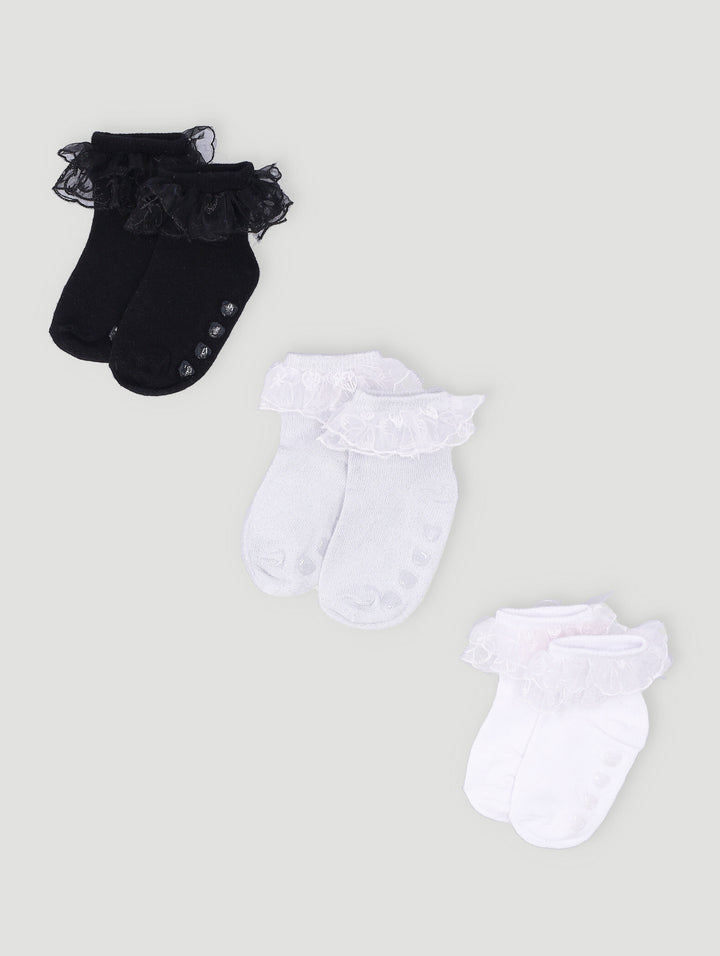 Baby Girls 3 Pack Ruffled Socks - Black/White/Shimmer Grey