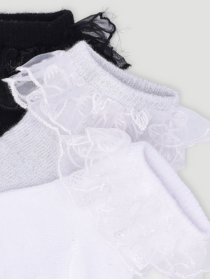 Baby Girls 3 Pack Ruffled Socks - Black/White/Shimmer Grey