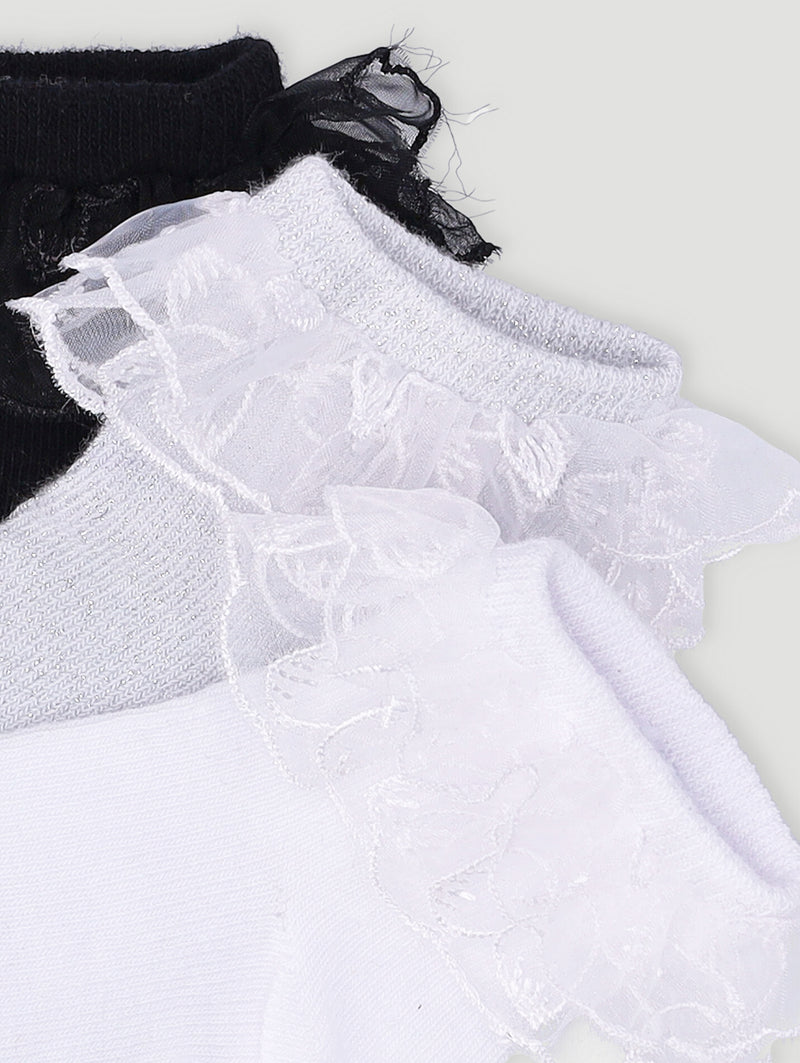 Baby Girls 3 Pack Ruffled Socks - Black/White/Shimmer Grey