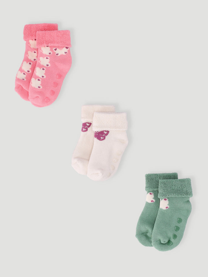 Baby Girls 3 Pack Butterfly Toweling Socks - Cream/White/Pink