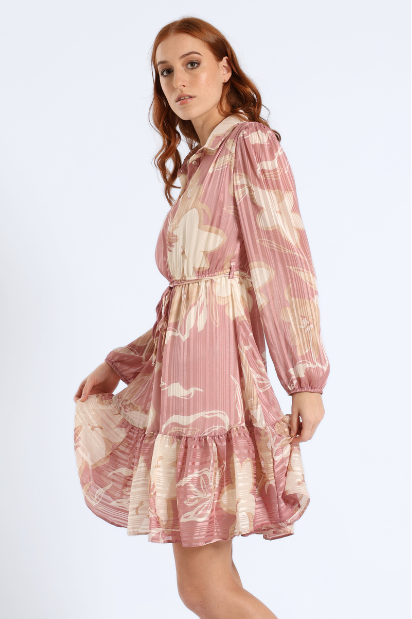 Button Through Tiered Floral Tea Dress - Pink