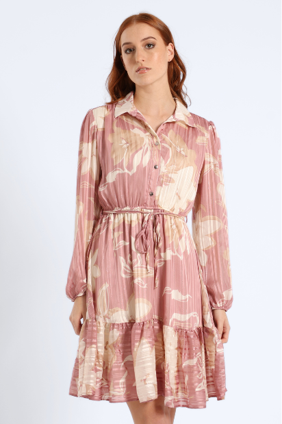 Button Through Tiered Floral Tea Dress - Pink