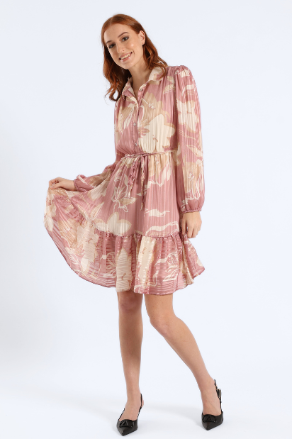 Button Through Tiered Floral Tea Dress - Pink
