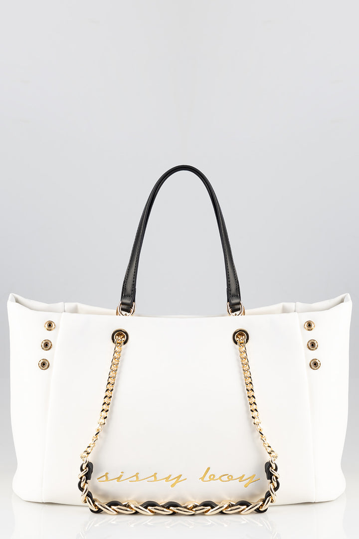 Large Shopper With Snap Button Closure Detail - White