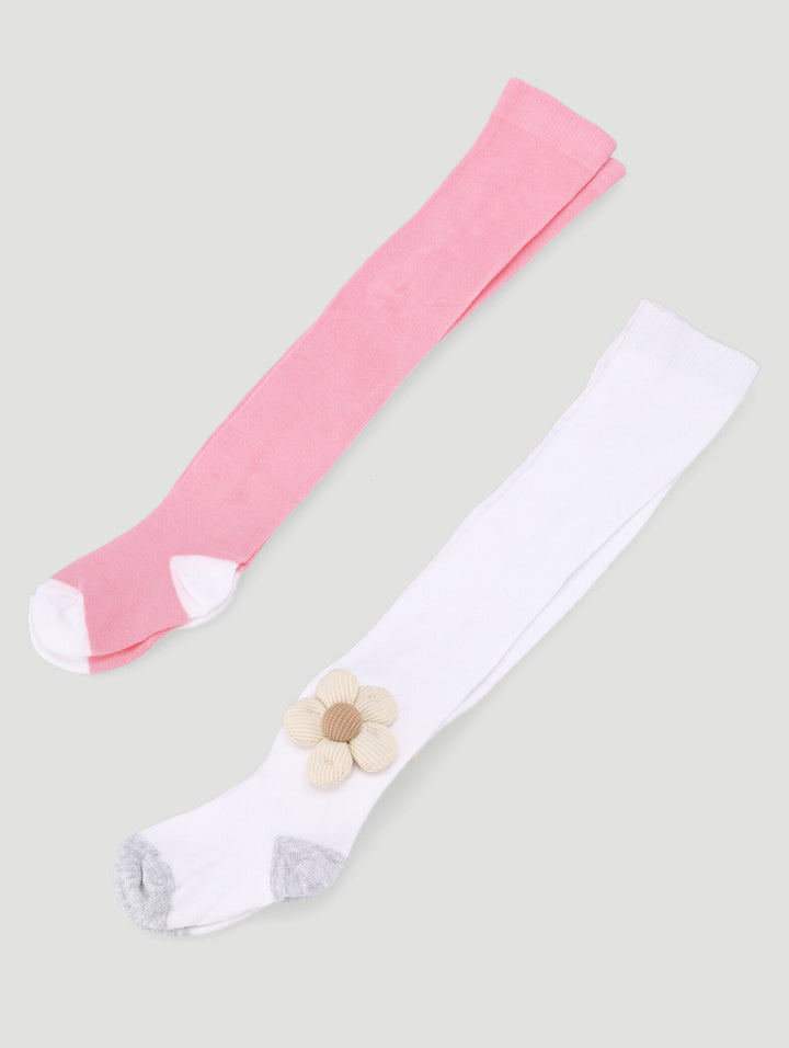 Baby Girls 2 Pack 3D Flower Leggings - White/Pink