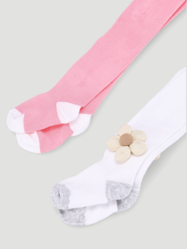 Baby Girls 2 Pack 3D Flower Leggings - White/Pink