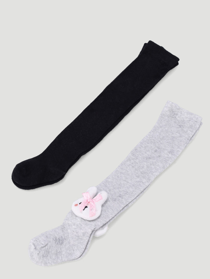 Baby Girls 2 Pack 3D Bunny Leggings - Grey Melange/Black