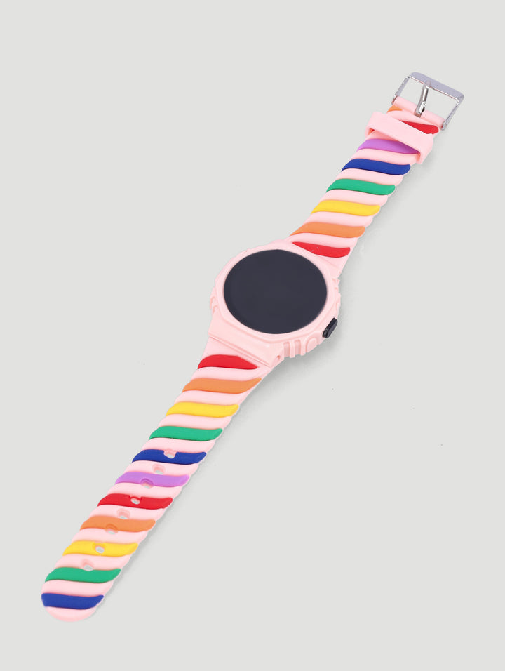 Pre-Girls Multi Striped Led Novelty Watch - Pink