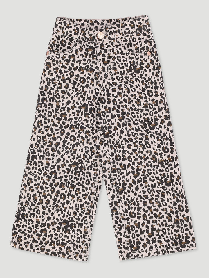 Pre-Girls Wideleg Leapord Print Denim - Stone