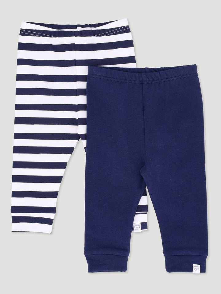 Baby Boys 2 Pack Plain And Stripe Legging - Navy