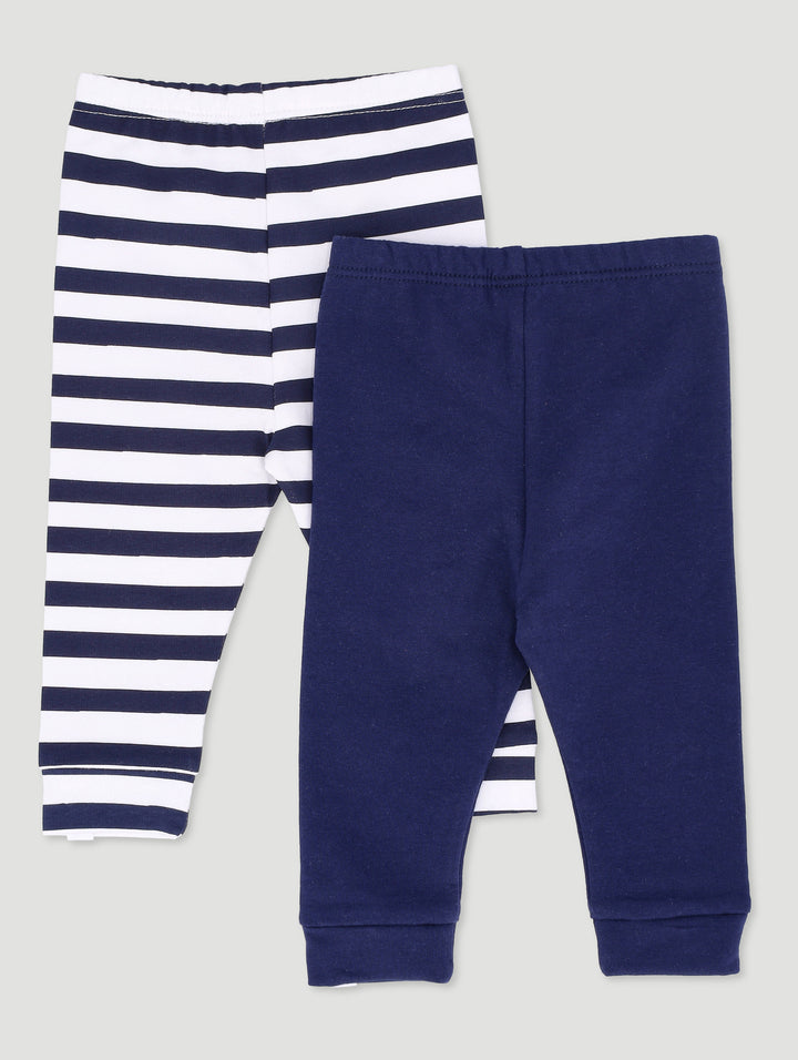 Baby Boys 2 Pack Plain And Stripe Legging - Navy