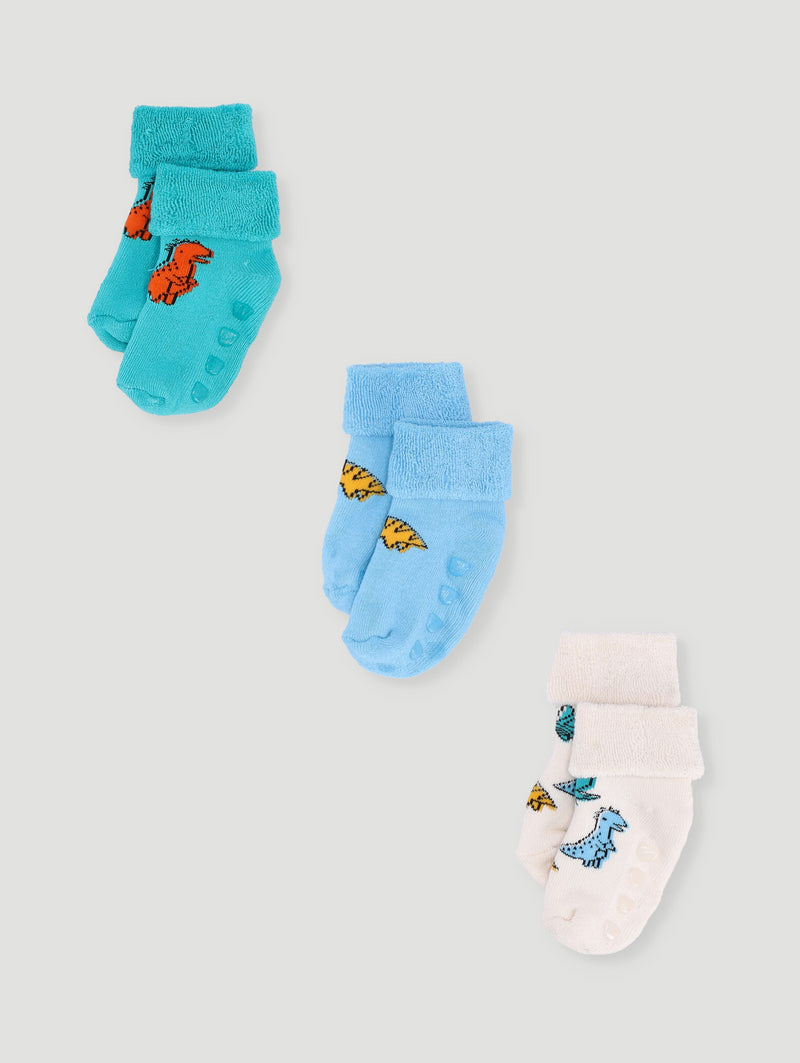 Baby Boys 3 Pack Dinos Towelling Socks - Cream