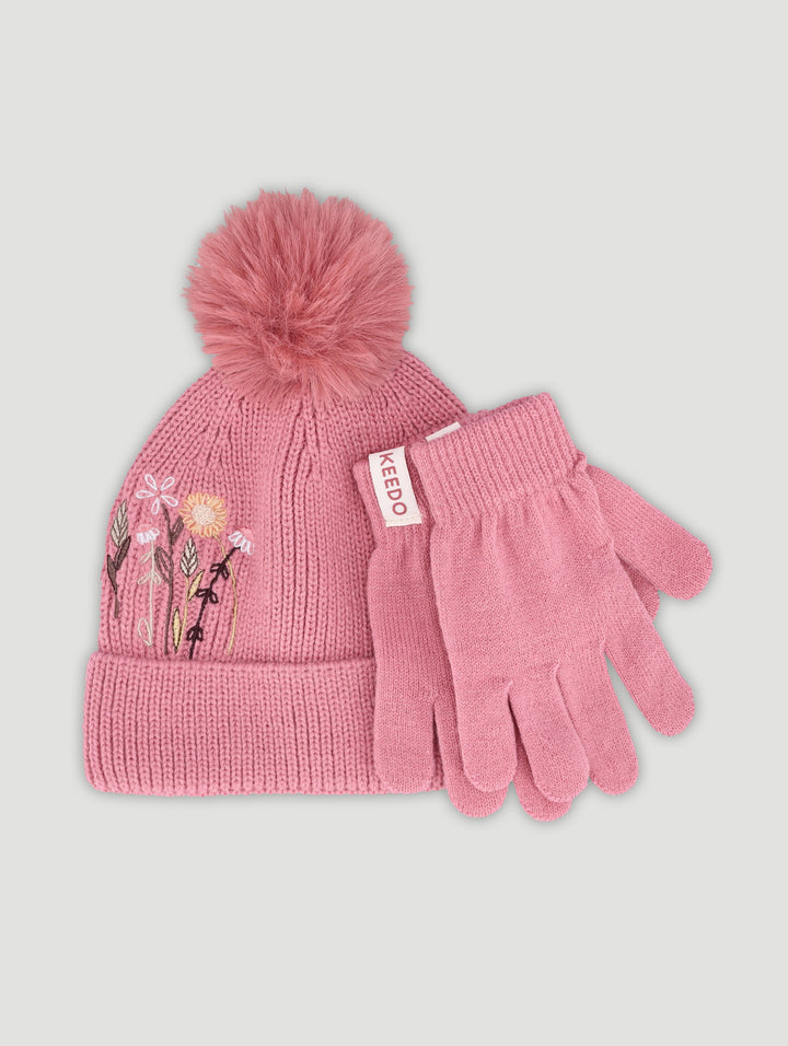 Keedo Girls Knitted Beanie & Glove Set
