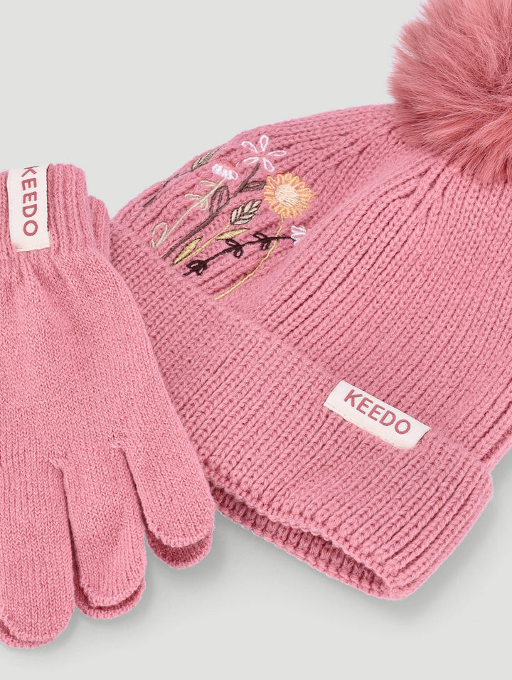 Keedo Girls Knitted Beanie & Glove Set