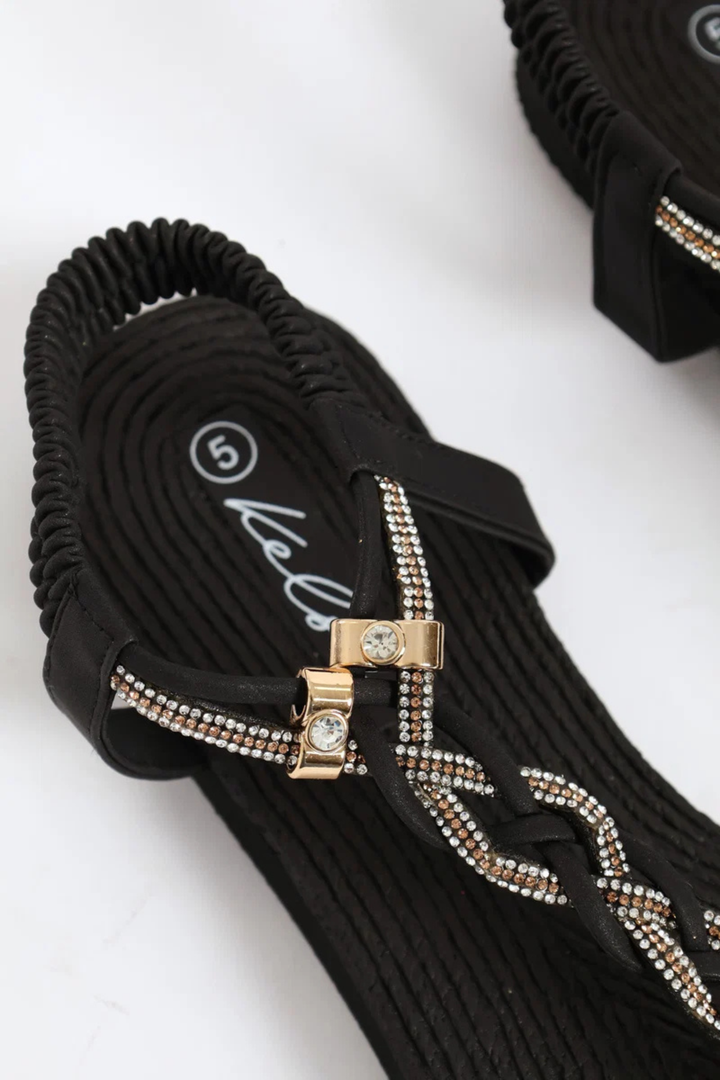 Diamante Plaited Slingback Thong Sandal - Black