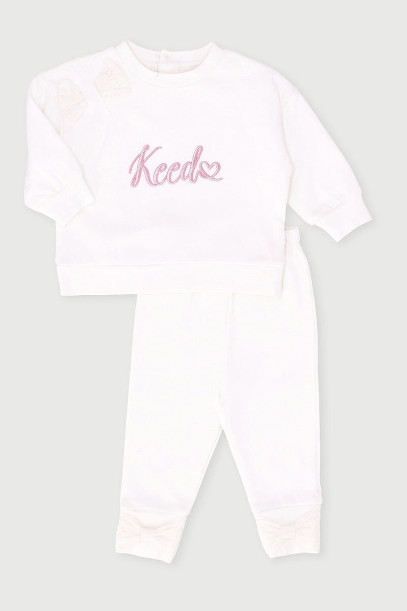Keedo Baby Girls Anglaise Bow Fleece Top & Legging Set - White
