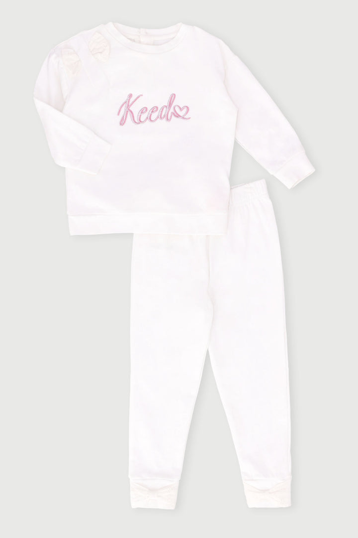 Keedo Girls Anglaise Bow Fleece Top & Legging Set - White
