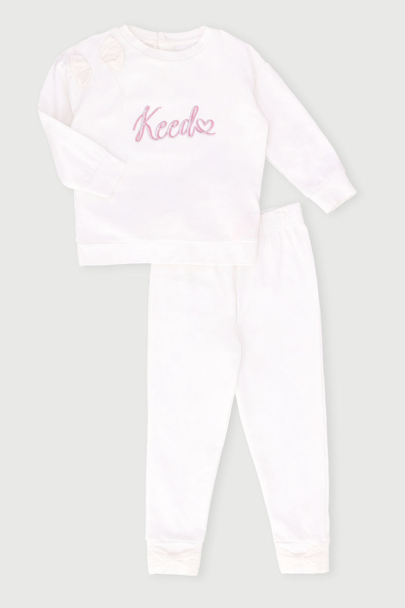 Keedo Girls Anglaise Bow Fleece Top & Legging Set - White