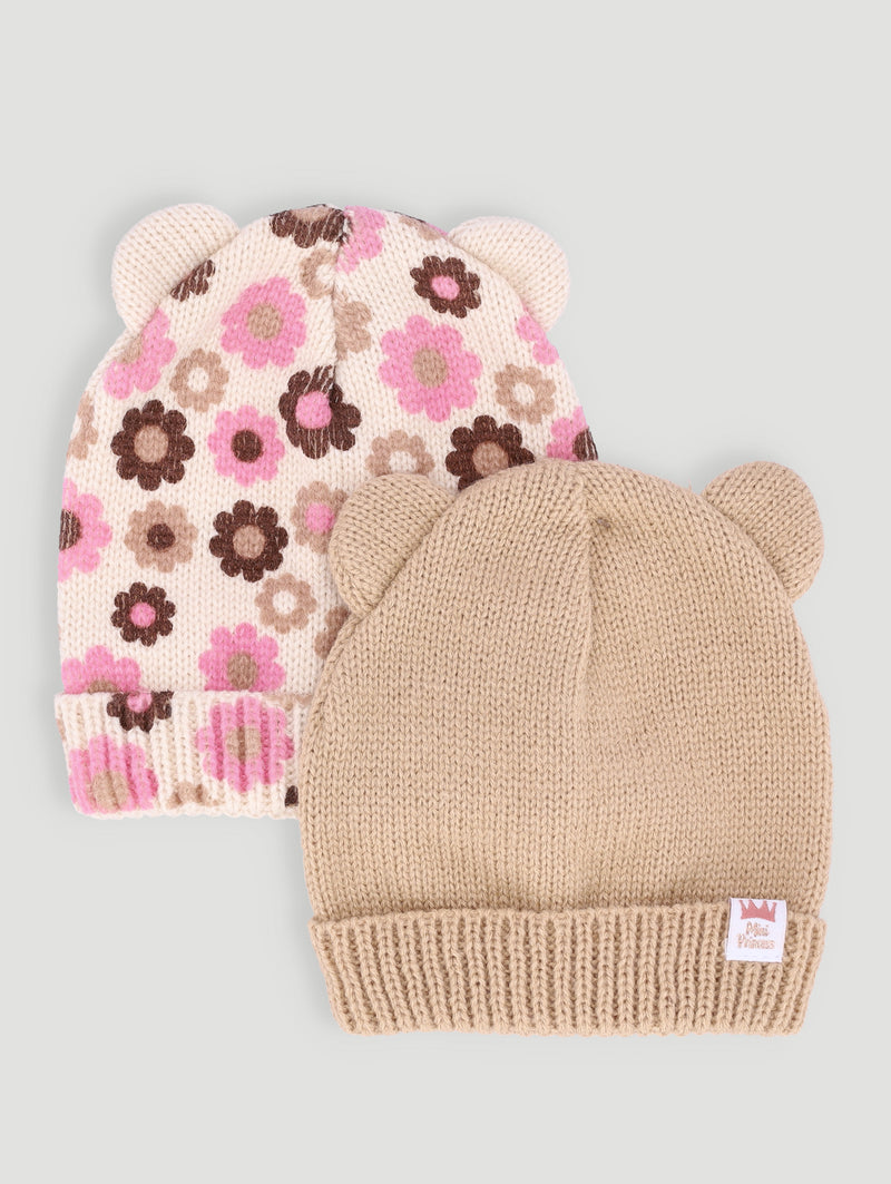 Baby Girls 2 Pack Daisy Beanie - Light Brown
