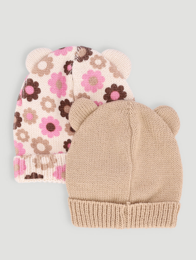 Baby Girls 2 Pack Daisy Beanie - Light Brown