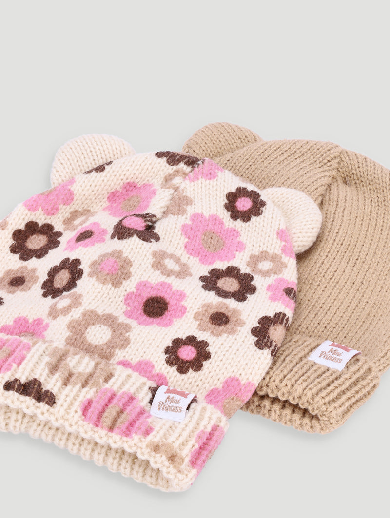 Baby Girls 2 Pack Daisy Beanie - Light Brown