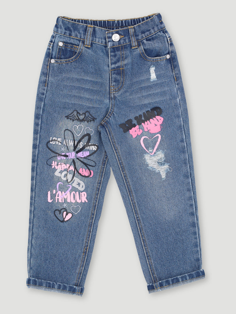 Pre-Girls Graffiti Mom Jean - Mid Blue