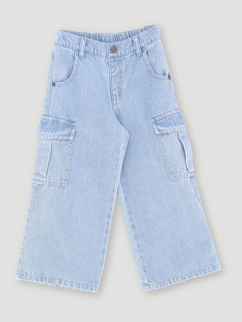 Pre-Girls Wide Leg Cargo Denim - Light Blue