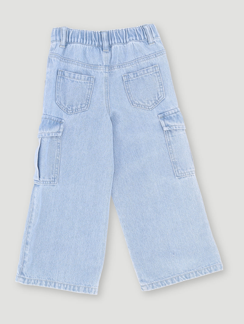 Pre-Girls Wide Leg Cargo Denim - Light Blue