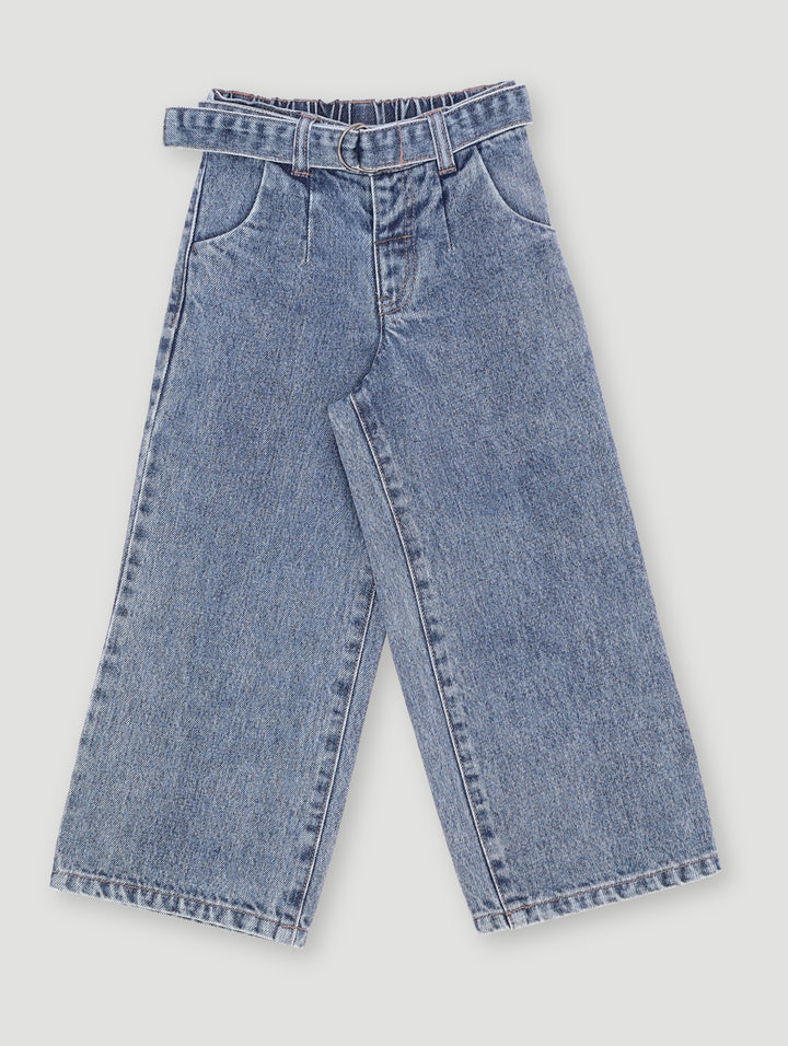 Pre-Girls Self Belt Wide Leg Denim - Mid Blue