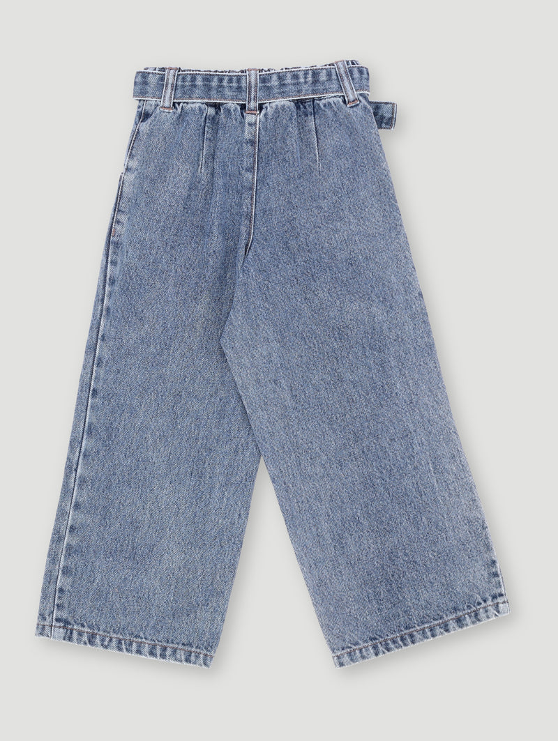 Pre-Girls Self Belt Wide Leg Denim - Mid Blue