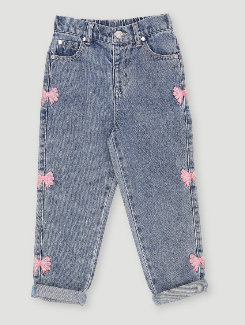 Pre-Girls Bow Embroidery Mom Jean - Light Blue