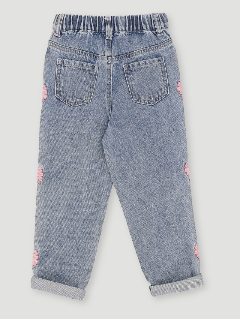 Pre-Girls Bow Embroidery Mom Jean - Light Blue