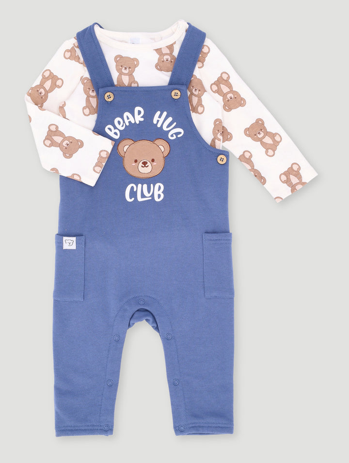 Baby Boys Brushed Fleece Bear Dungaree Set - Pale Blue