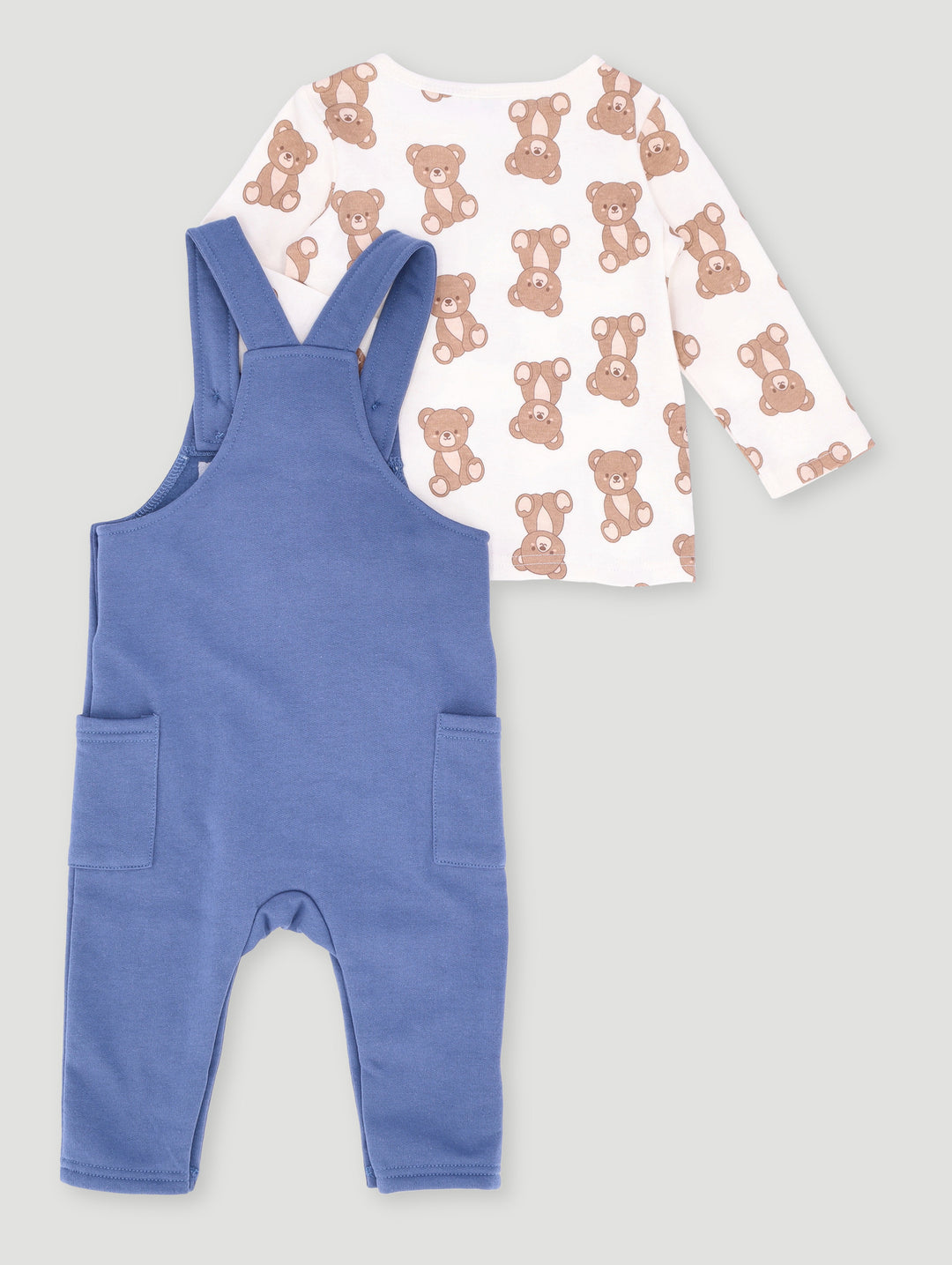 Baby Boys Brushed Fleece Bear Dungaree Set - Pale Blue