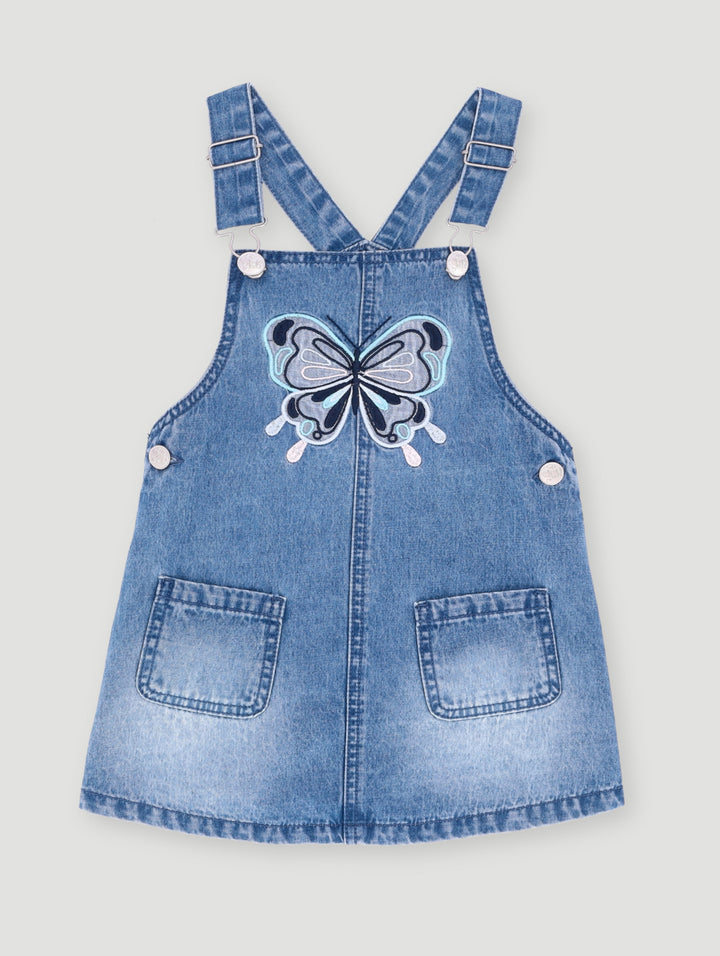 Pre- Girls Butterfly Applique Pinafore Dress - Mid Blue