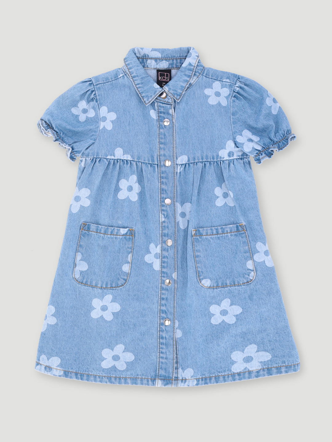 Pre- Girls Short Sleeve Floral Printed Denim Dress - Light Blue