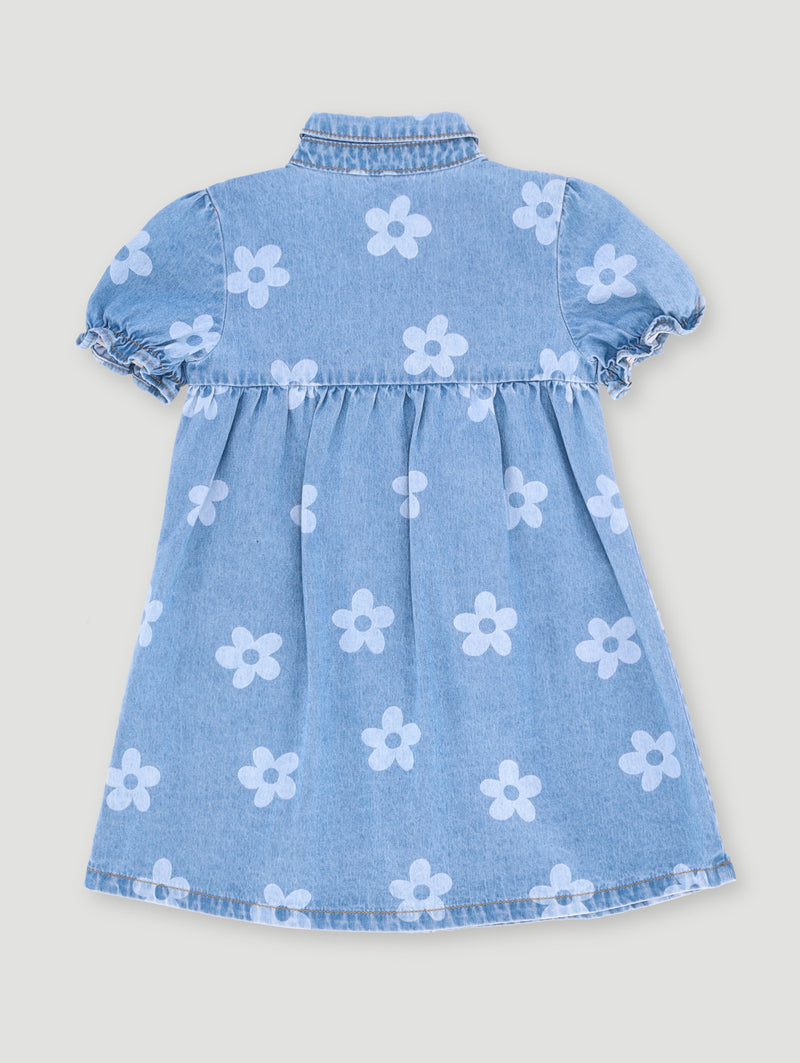 Pre- Girls Short Sleeve Floral Printed Denim Dress - Light Blue