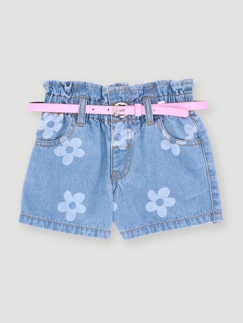 Pre- Girls Floral Printed Paperbag Shorts - Light Wash