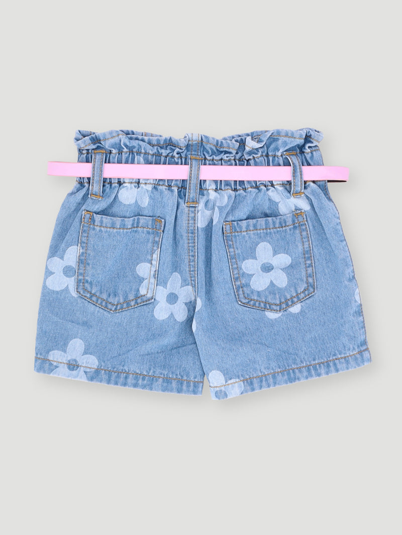 Pre- Girls Floral Printed Paperbag Shorts - Light Wash