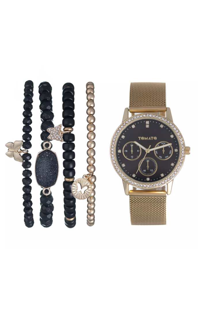 Gold Mesh Black Dial Watch Set - Black