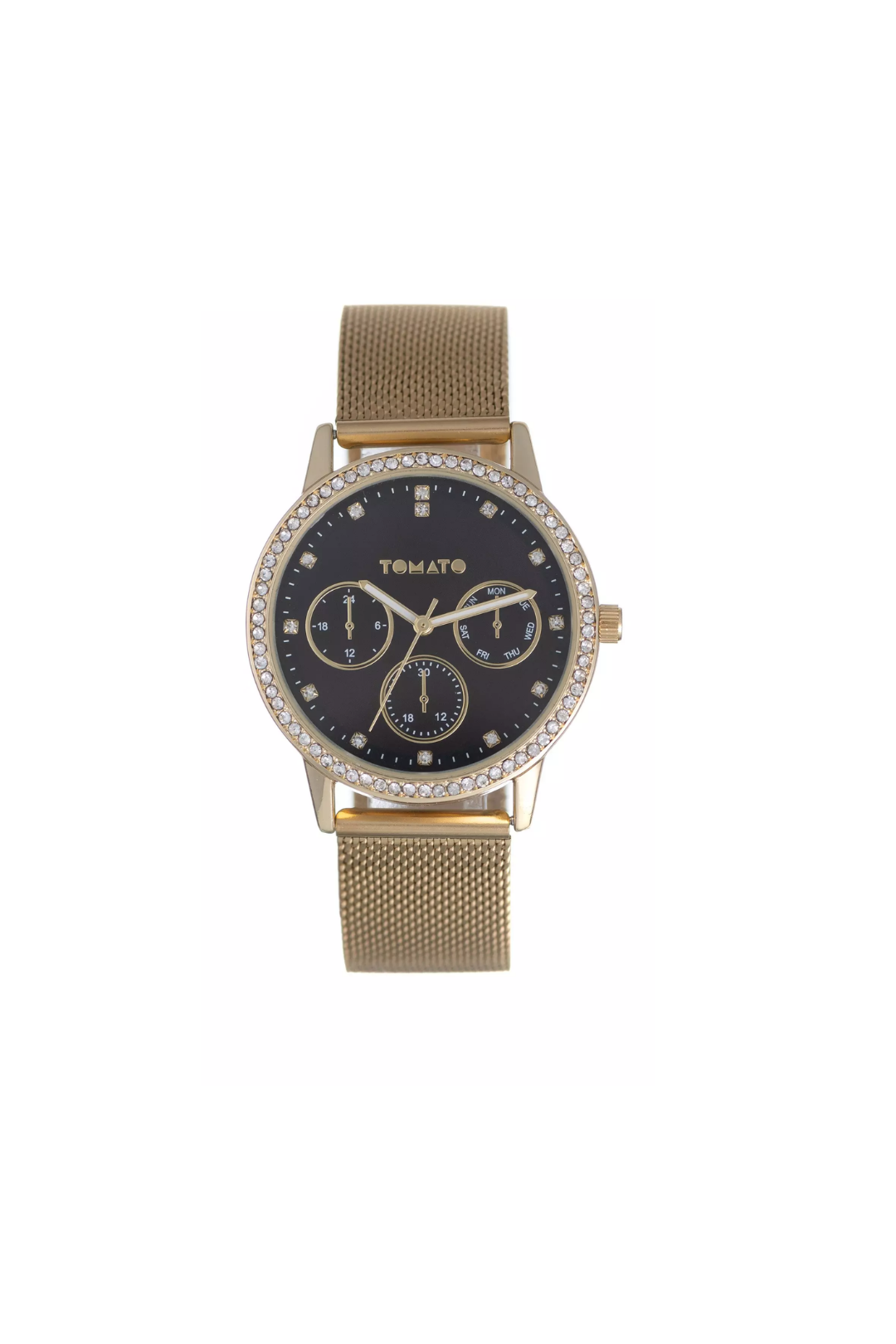 Gold Mesh Black Dial Watch Set - Black