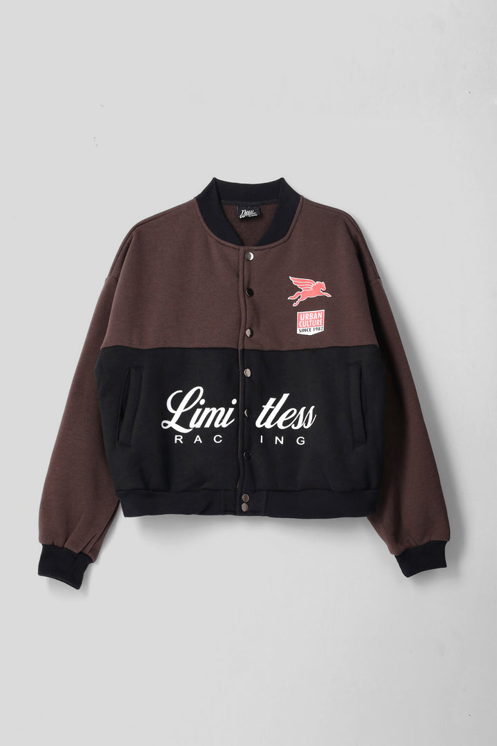 Girls Racing Print Oversized Baseball Jacket - Black/Brown