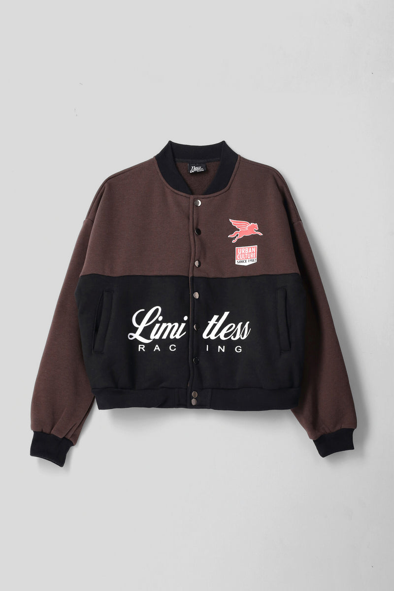 Girls Racing Print Oversized Baseball Jacket - Black/Brown