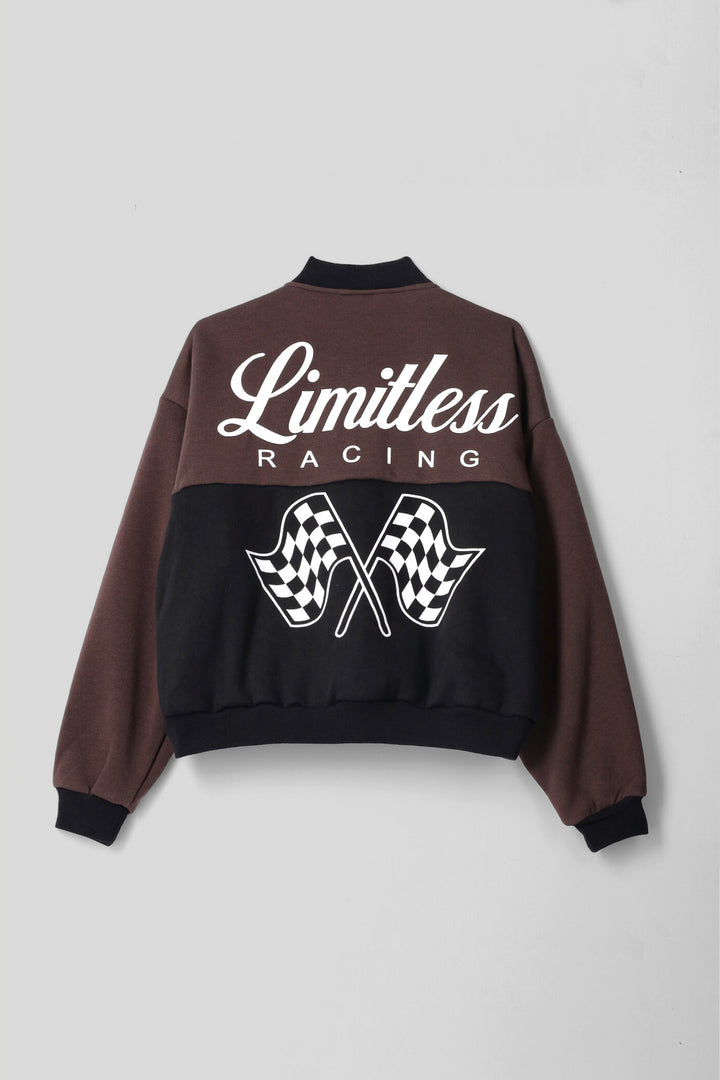 Girls Racing Print Oversized Baseball Jacket - Black/Brown