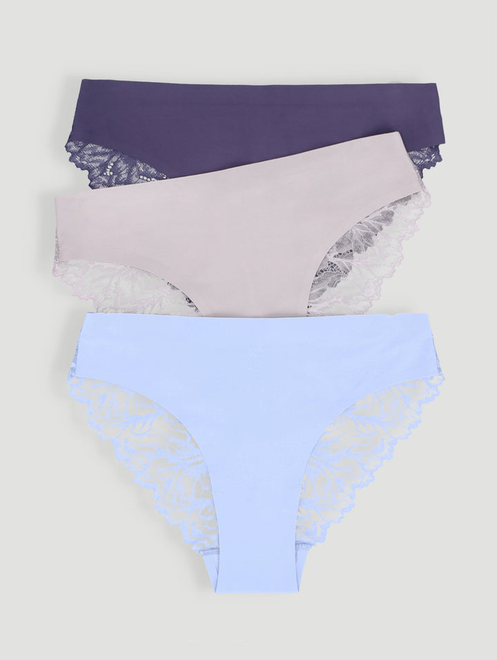 3 Pack Bonded Lace Brazilian Panties - Slate/Blue/Stone